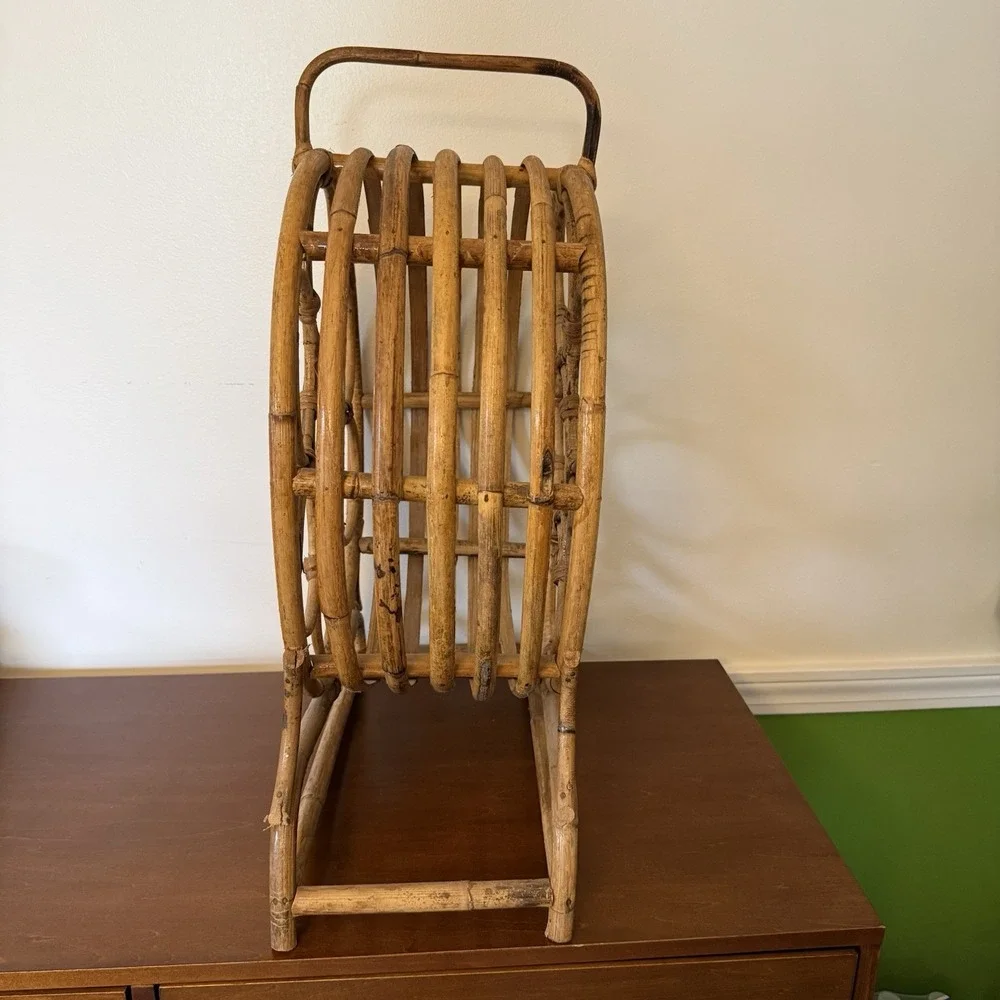 Rattan Bamboo Round Freestanding Wine Rack Bottle Holder Handle 7 Bottle 16